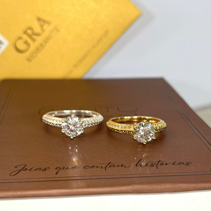 Anel Solitário Moissanite Diamond Cut Cravejado